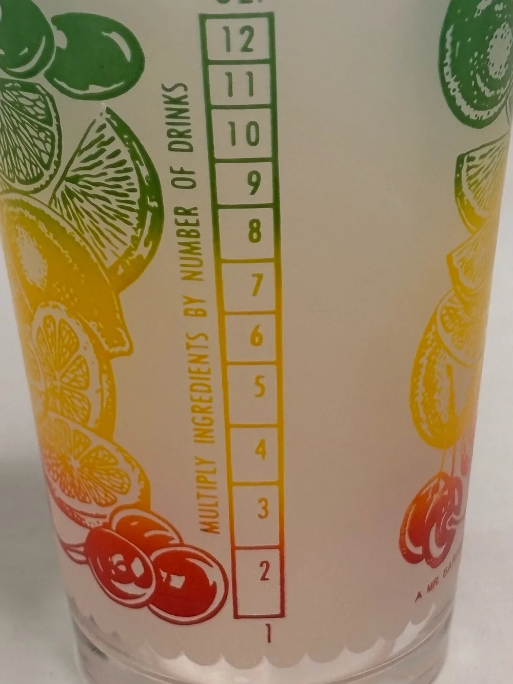 Vintage A Mr. Bartender Original Glass with Cocktail Recipes - Green/Yellow/Red